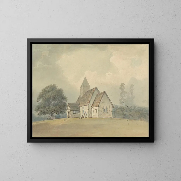 Kerk met houten torenspits - Samuel Davis — ingelijst kunstwerk aan de muur
