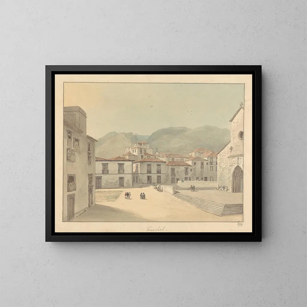 Funchal, Madeira, een plein met een kerk - Samuel Davis — ingelijst kunstwerk aan de muur