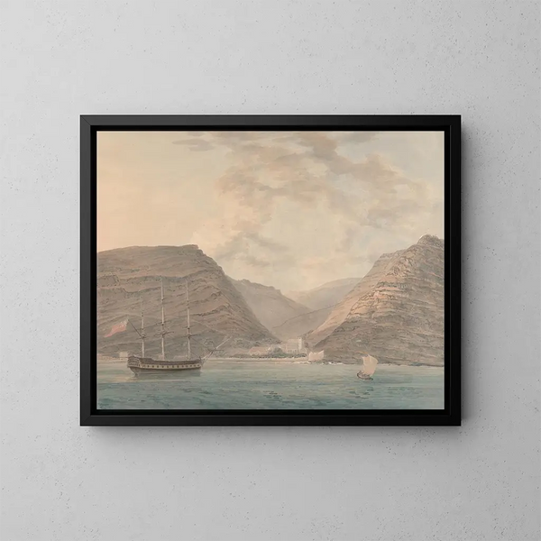 Man van oorlog voor anker in de haven, bergen op de achtergrond - Samuel Davis — ingelijst kunstwerk aan de muur