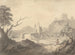 Rivierscène en brug met een kunstenaar schetsend op de voorgrond - Samuel Davis — weergave van het kunstwerk