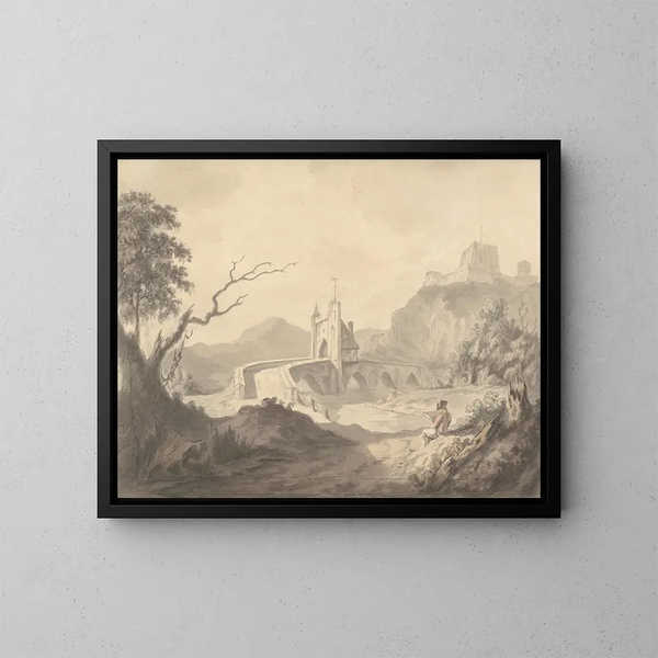 Rivierscène en brug met een kunstenaar schetsend op de voorgrond - Samuel Davis — ingelijst kunstwerk aan de muur
