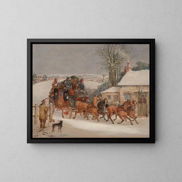 De koets van de Royal Mail van Londen in de sneeuw - Samuel Henry Alken — ingelijst kunstwerk aan de muur