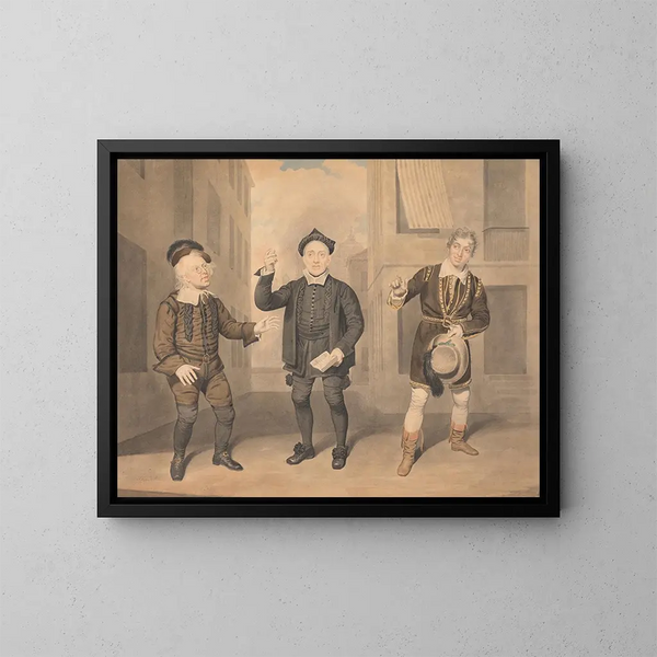 Een toneelscène met drie acteurs - Samuel de Wilde — ingelijst kunstwerk aan de muur