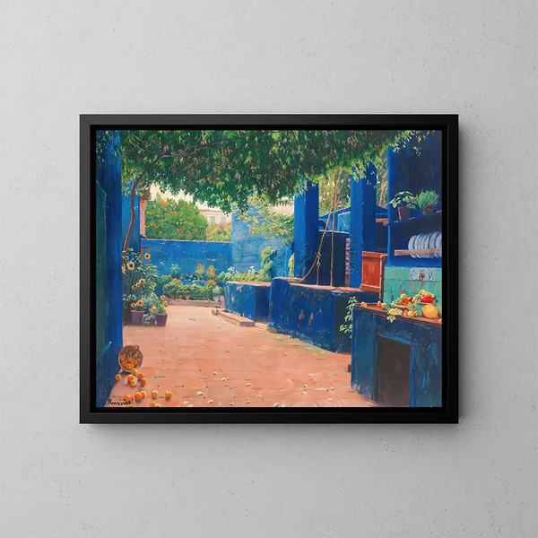 La cour bleue d'Arenys - Santiago Rusiñol — ingelijst kunstwerk aan de muur