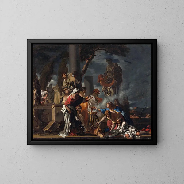 Koning Salomo die offers brengt aan de afgoden - Sébastien Bourdon — ingelijst kunstwerk aan de muur
