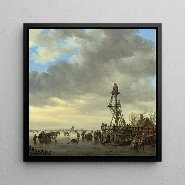 Scène de glace près d'une tour d'observation en bois - Jan van Goyen