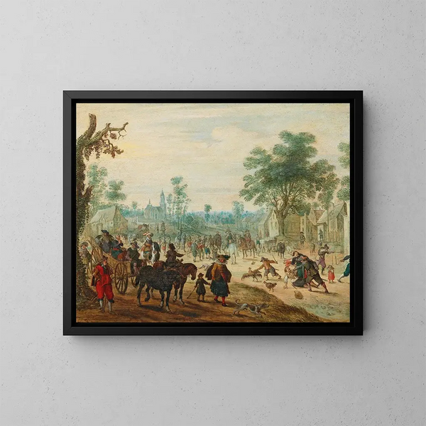 Een dorp met veel figuren op een weg - Sebastian Vrancx — ingelijst kunstwerk aan de muur