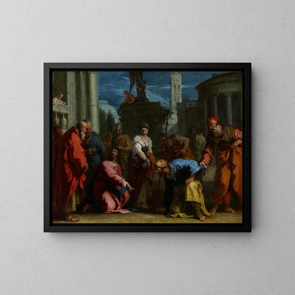 De Christus en de overspelige vrouw - Sebastiano Ricci — ingelijst kunstwerk aan de muur