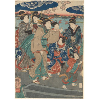 Sept figures féminines, deux parapluies - Utagawa Kuniyoshi | Reproduction Tableau Décoration murale affiche copie