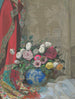 Natuurschilderij met rozen, anemonen en chrysanten in een Chinese vaas - Sergei Chekhonin — weergave van het kunstwerk