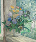 Still life with chrysanthemums, bellflowers, cornflowers, and daisies in a white vase - Sergey Chekhonin — artwork view