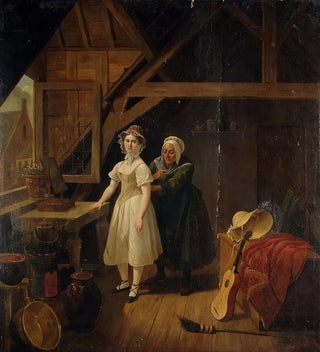 Servante cousant une dame dans un corset - Constantinus Fidelio Coene