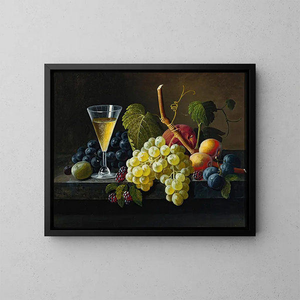 Natuurstudie met een glas champagne - Severin Roesen — ingelijst kunstwerk aan de muur