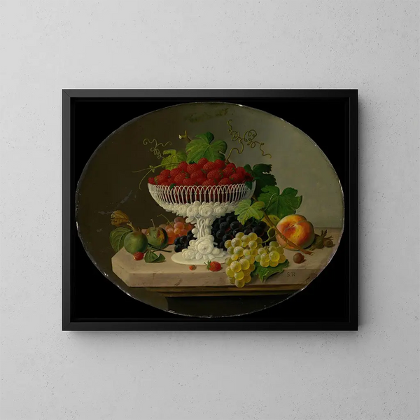 Natuurstudie met aardbeien in een kom - Severin Roesen — ingelijst kunstwerk aan de muur