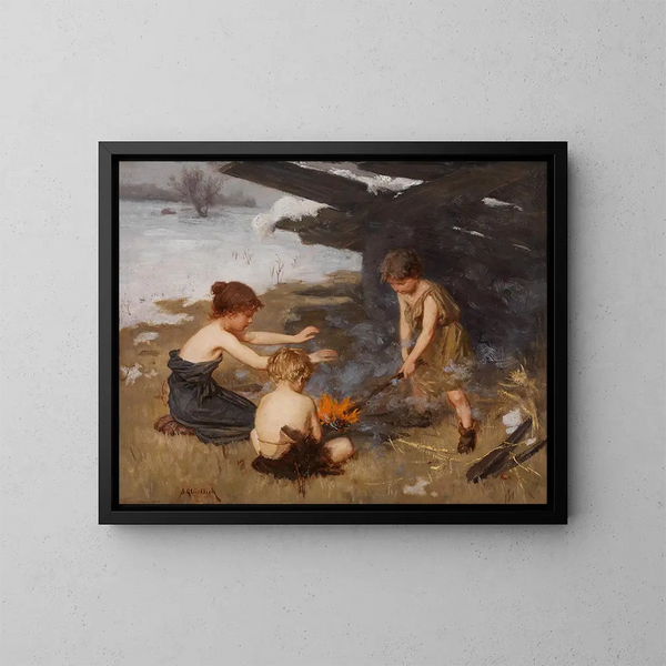 Het kampvuur - Simon Glücklich — ingelijst kunstwerk aan de muur
