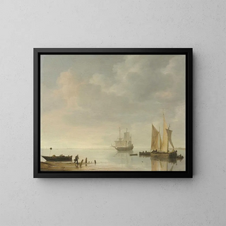 Simon de Vlieger - Coastal Scene With Ships Resting On Calm Waters.webp