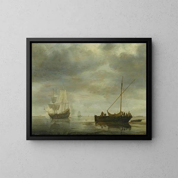 van een meester en een fregat die een groet brengt op een rustige zee - Simon de Vlieger — ingelijst kunstwerk aan de muur