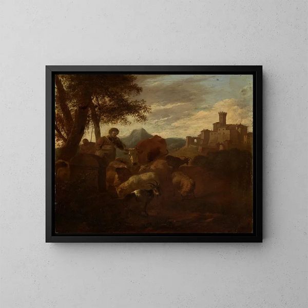 van Bergers en kudde in een zuidelijk landschap - Simon van der Does — ingelijst kunstwerk aan de muur