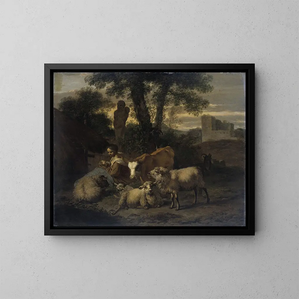 Italiaans landschap met herder en kuddes - Simon van der Does — ingelijst kunstwerk aan de muur