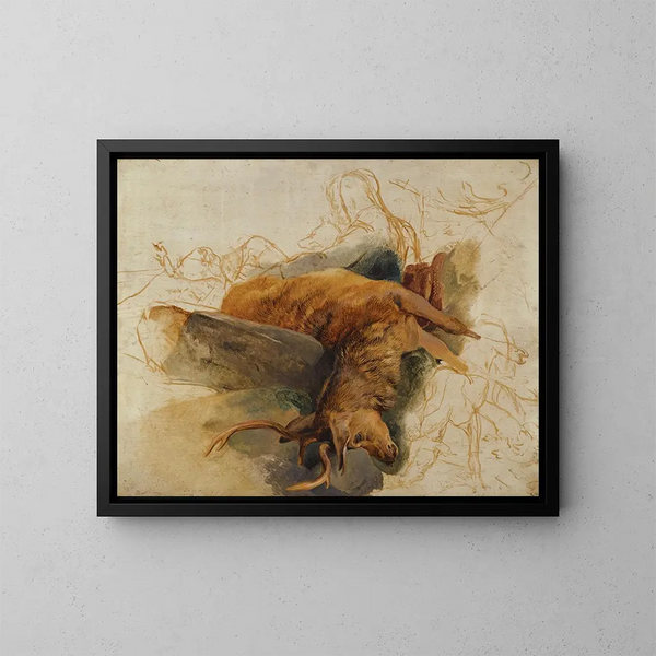Een dode hert met schetsmatige figuren van een jachthond en honden - Sir Edwin Henry Landseer — ingelijst kunstwerk aan de muur