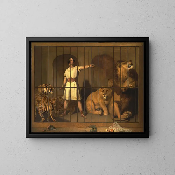 Portret van M. Van Amburgh zoals hij verscheen met zijn dieren in de Londense theaters - Sir Edwin Henry Landseer — ingelijst kunstwerk aan de muur