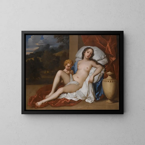 Portret van een jonge vrouw en een kind in Venus en Cupido, bijna zeker Nell Gwyn - Sir Peter Lely — ingelijst kunstwerk aan de muur