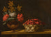 Natuurstudie met een vaas bloemen en een mandje aardbeien op een tafel - Spaanse school — weergave van het kunstwerk