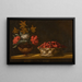 Natuurstudie met een vaas bloemen en een mandje aardbeien op een tafel - Spaanse school — ingelijst kunstwerk aan de muur