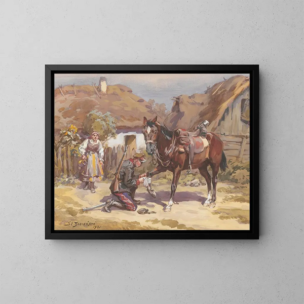 Een paardenwachter - Stanisław Bagieński — ingelijst kunstwerk aan de muur