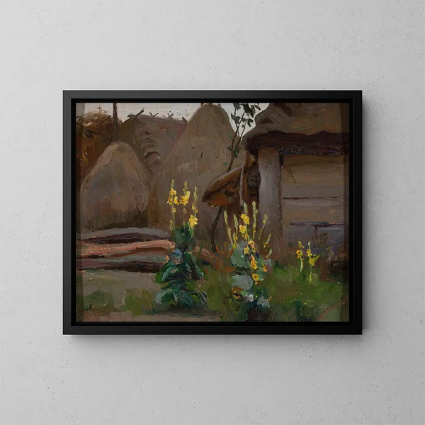 Studie van landschap: Mufliers voor een cottage - Stanisław Straszkiewicz — ingelijst kunstwerk aan de muur