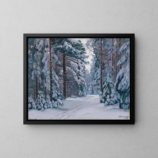 van het sneeuwbedekte bosweg - Stanisław Żukowski — ingelijst kunstwerk aan de muur