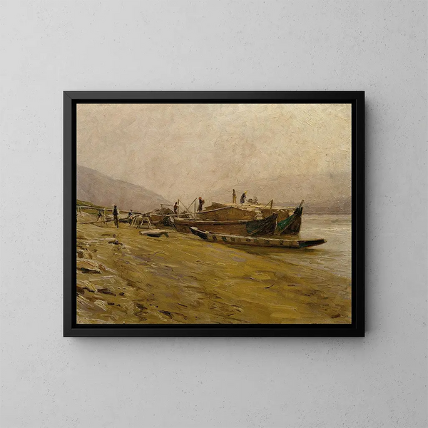 Boten van sleepvaart op de Donau bij Spitz - Stefan Simony — ingelijst kunstwerk aan de muur