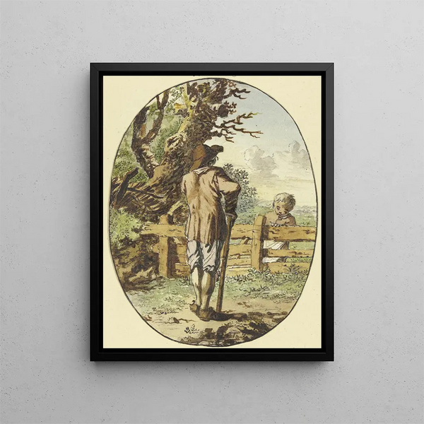 Steven Gobl - A man with a stick stands at a fence with his back to the viewer and a child stands on the other side.webp
