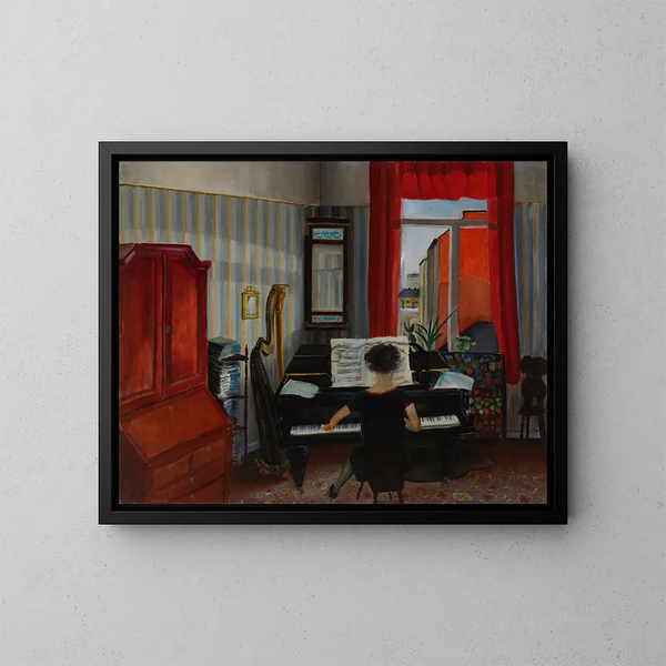 Vrouwelijk interieur die piano speelt - Sulho Sipilä — ingelijst kunstwerk aan de muur