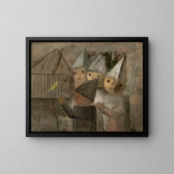 Kinderen voor een kooi met een kanarie - Tadeusz Makowski — ingelijst kunstwerk aan de muur