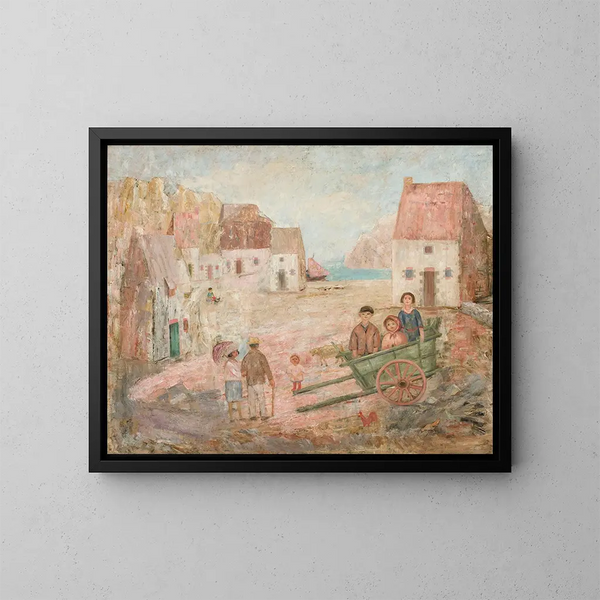 Landschap van een kleine stad met kinderen in een kinderwagen - Tadeusz Makowski — ingelijst kunstwerk aan de muur