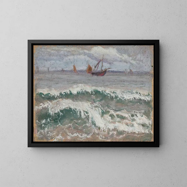 stormachtige zee met boten - Tadeusz Makowski — ingelijst kunstwerk aan de muur