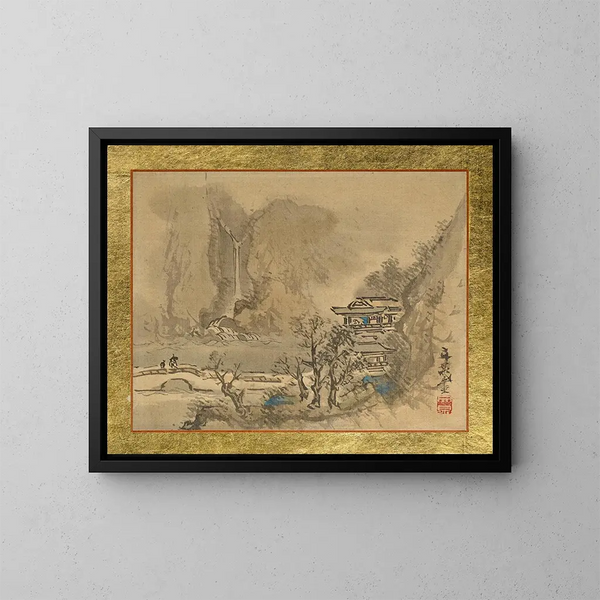 van een oude man en een dienaar die naar een twee verdiepingen tellend landhuis aan het water gaan - Tani Bunchō — ingelijst kunstwerk aan de muur