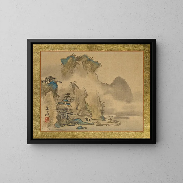 Een oude man en zijn dienaar die naar een huis op een heuvel lopen - Tani Bunchō — ingelijst kunstwerk aan de muur