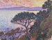 van de parasolden near de Middellandse Zee bij zonsondergang - Theo van Rysselberghe — weergave van het kunstwerk