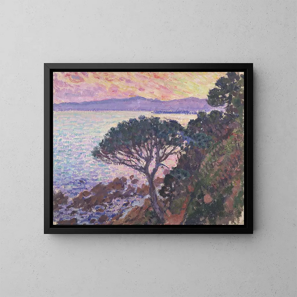 van de parasolden near de Middellandse Zee bij zonsondergang - Theo van Rysselberghe — ingelijst kunstwerk aan de muur