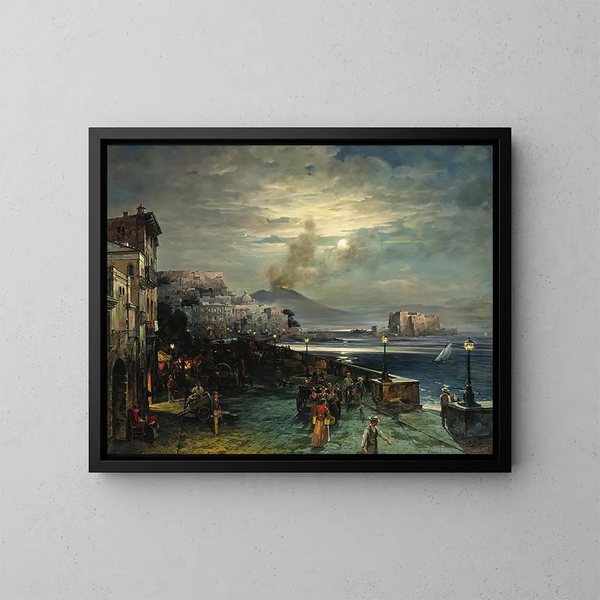 Napels, een kade 's nachts met uitzicht op de Vesuvius - Theodor Groll — ingelijst kunstwerk aan de muur