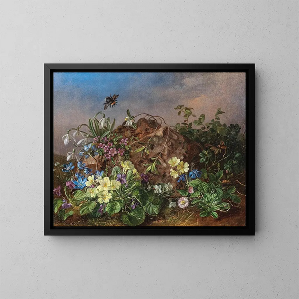 Lentebloemen met bij - Theodor Petter — ingelijst kunstwerk aan de muur