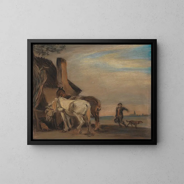 Karl die water brengt aan twee paarden, kopie van een schilderij van Paulus Potter in het Louvre - Theodor Philipsen — ingelijst kunstwerk aan de muur