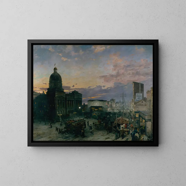 van Rue Washington in Indianapolis bij schemering - Theodore Clement Steele — ingelijst kunstwerk aan de muur