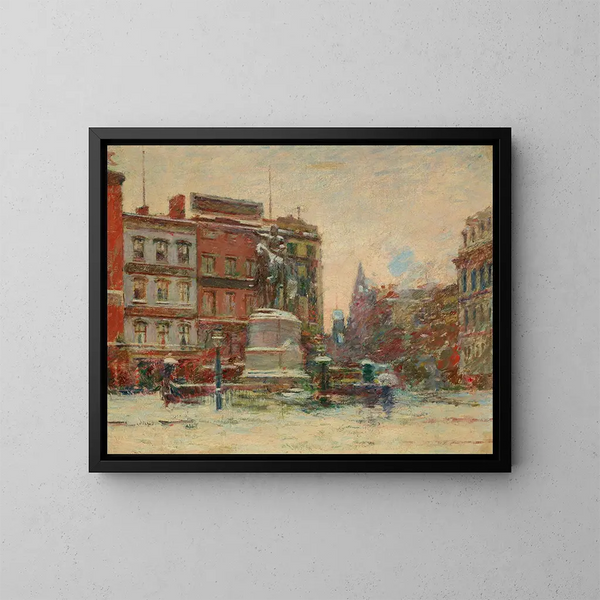 van het Washington-monument in Union Square in de winter - Theodore Robinson — ingelijst kunstwerk aan de muur