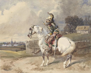 Thodore Fort - Franse dragonder op een wit paard links gewend in profiel.webp