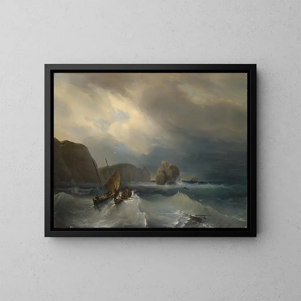 Ruwe zee met schepen - Théodore Gudin — ingelijst kunstwerk aan de muur