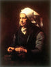 Old Breton Woman — Théodule Ribot — white headdress and knitting against a dark background