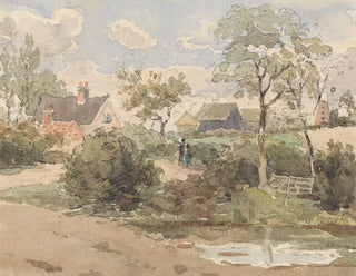 Thomas Churchyard - Country Landscape with Cottage Windmill Barns and Figures with Pond in Foreground.webp